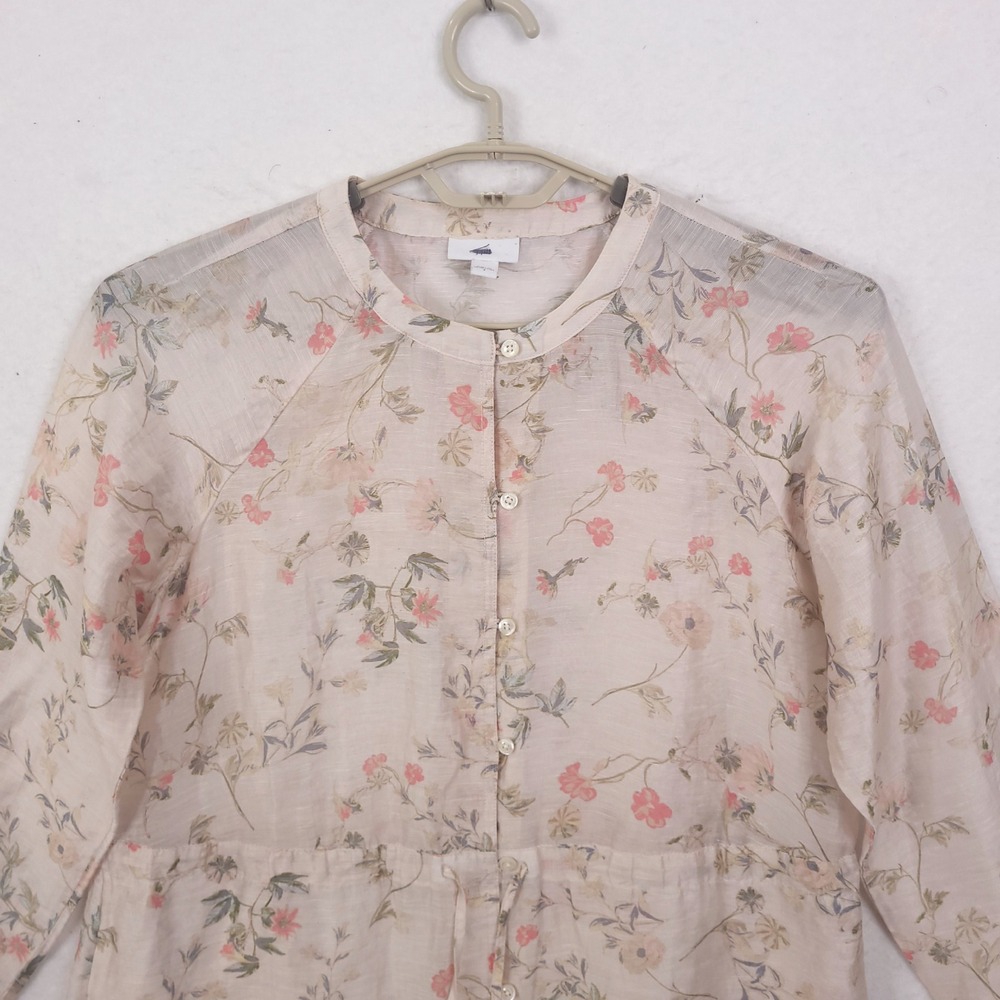 J Jill Top Tunic Sz S Floral Linen Blend Drawstring Waist Coastal Vocation Sheer - Picture 8 of 14
